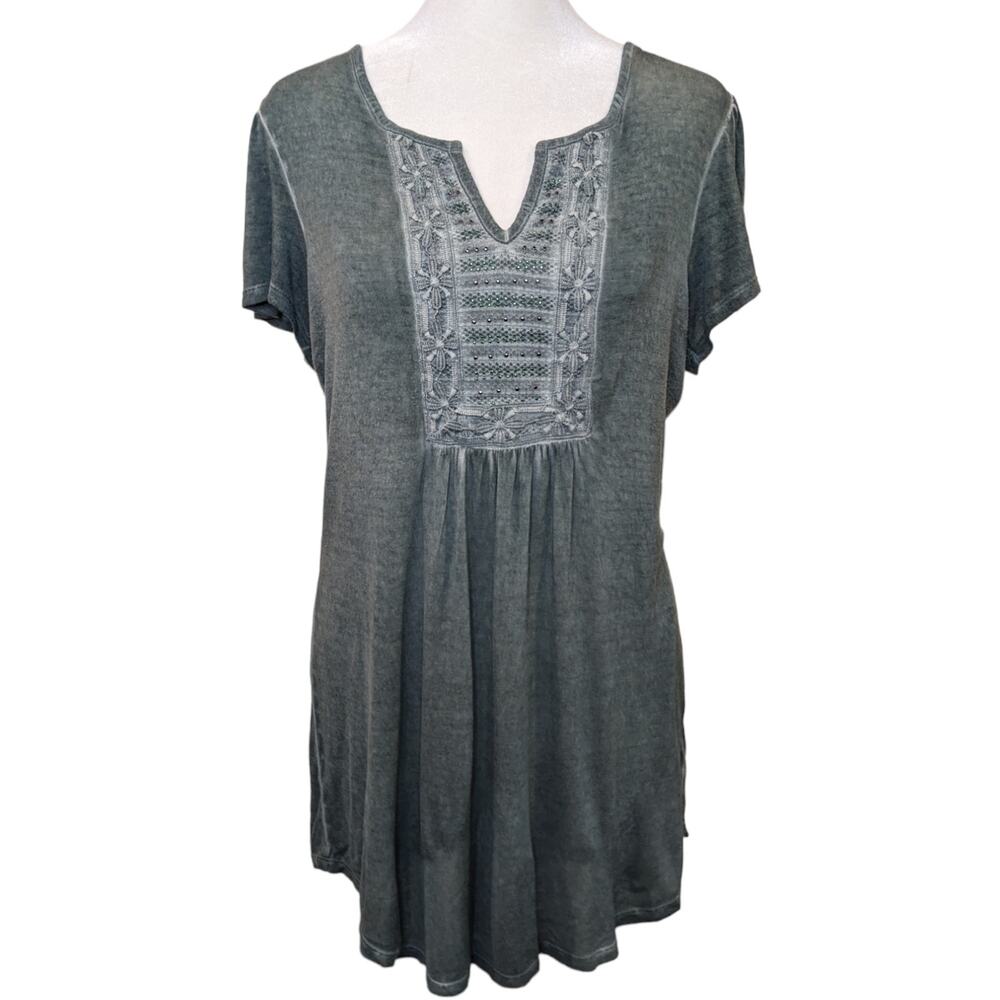 World Unity Embroidered Studded Boho Grey Green Tunic Small
